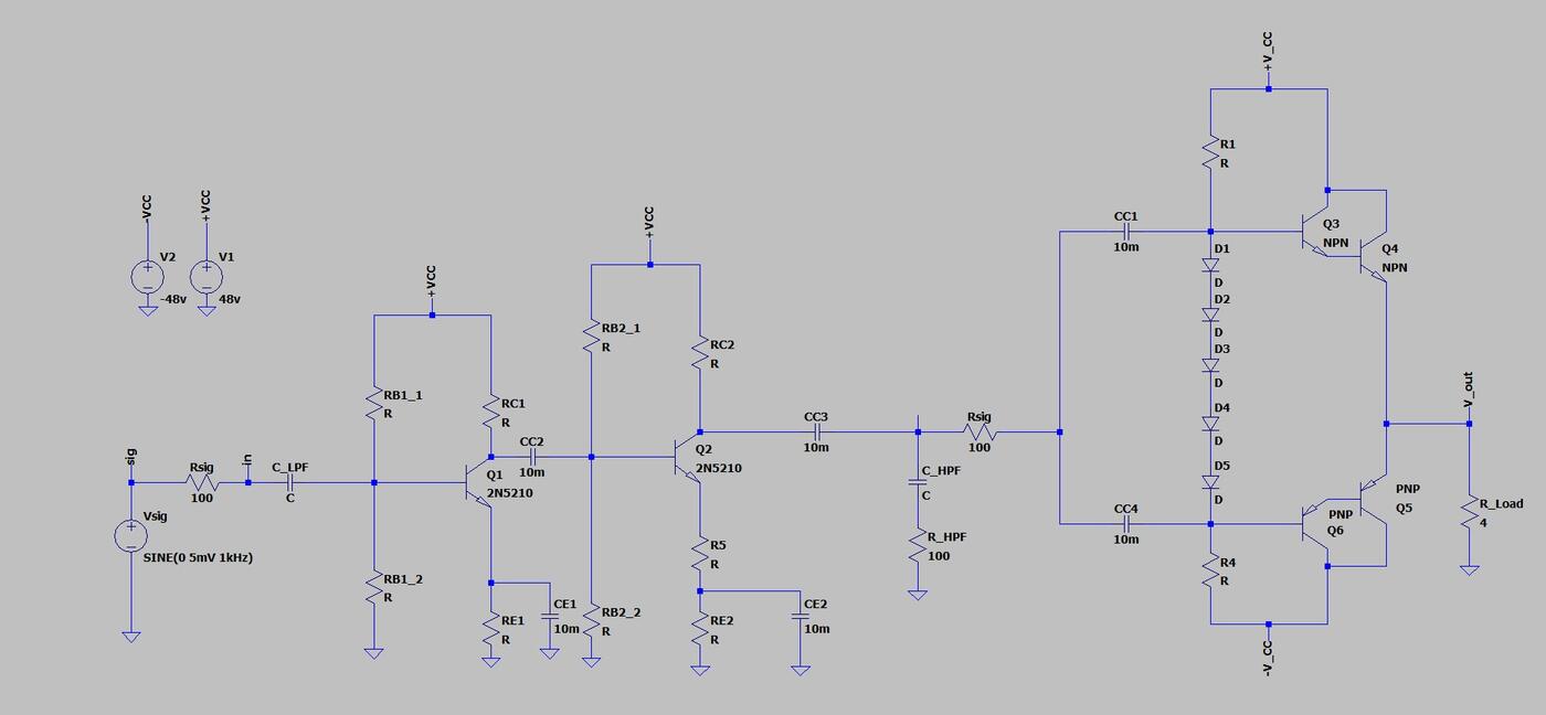 LTspice schematic of the three stage amplifier