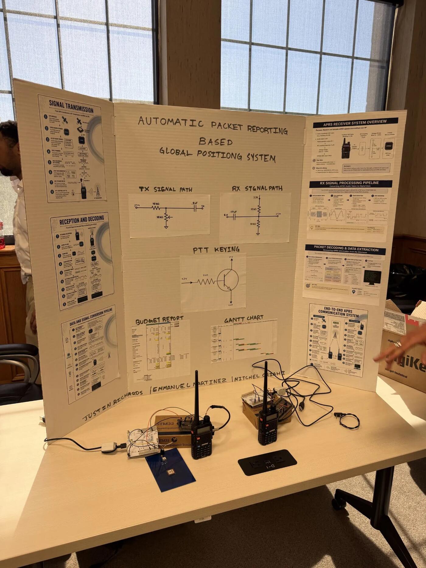 The APRS presentation board with the tracker hardware and handheld radios