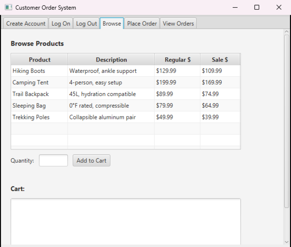 The Customer Order System GUI: product catalog, cart, and order tabs
